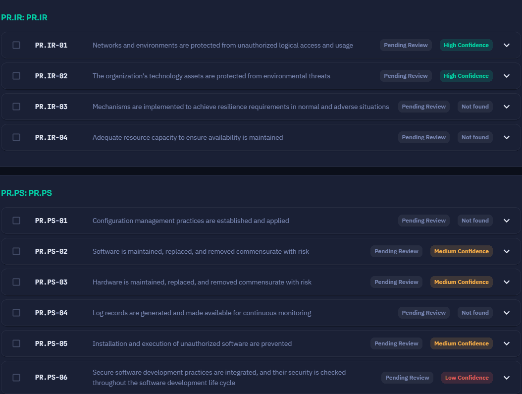 Protect findings list showing high confidence, medium confidence, low confidence and not found labels, each pending review