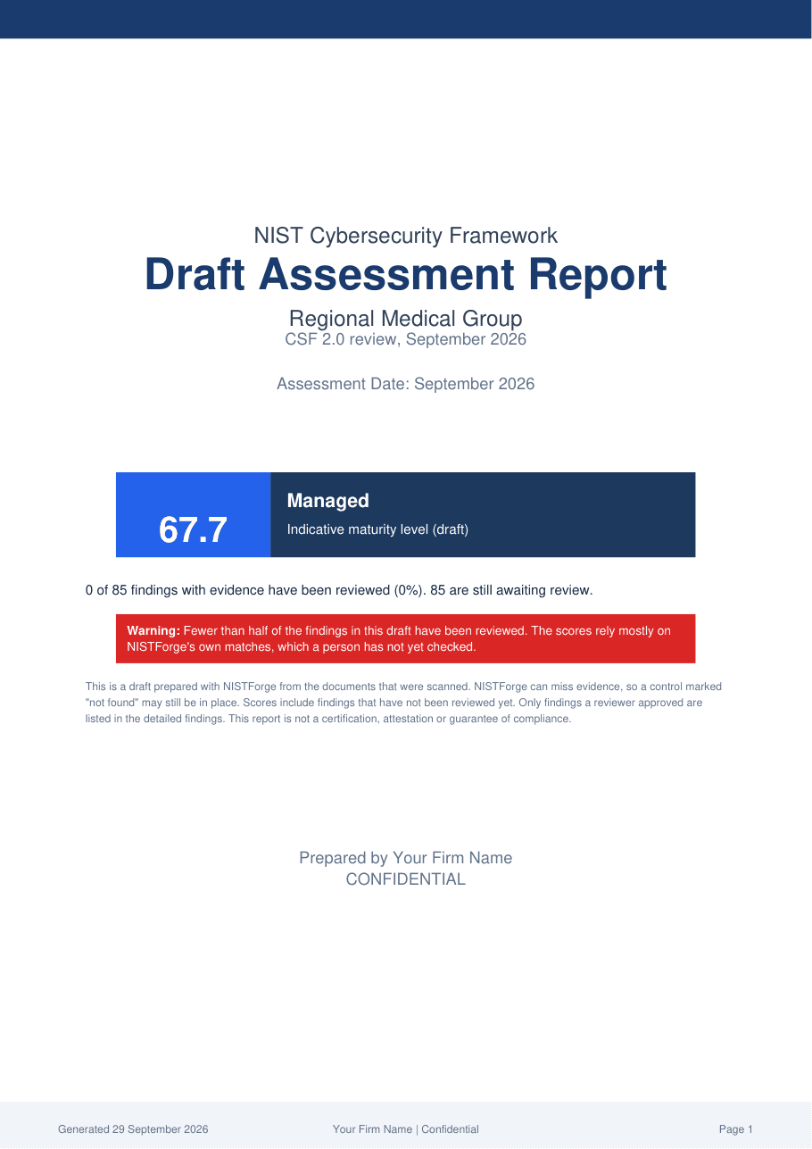Cover of the draft NIST CSF report for Regional Medical Group, prepared by Your Firm Name, with a draft score of 67.7