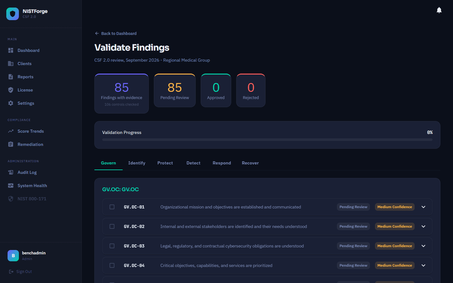 Validate Findings screen showing 85 findings with evidence, all pending review, and the Govern findings list