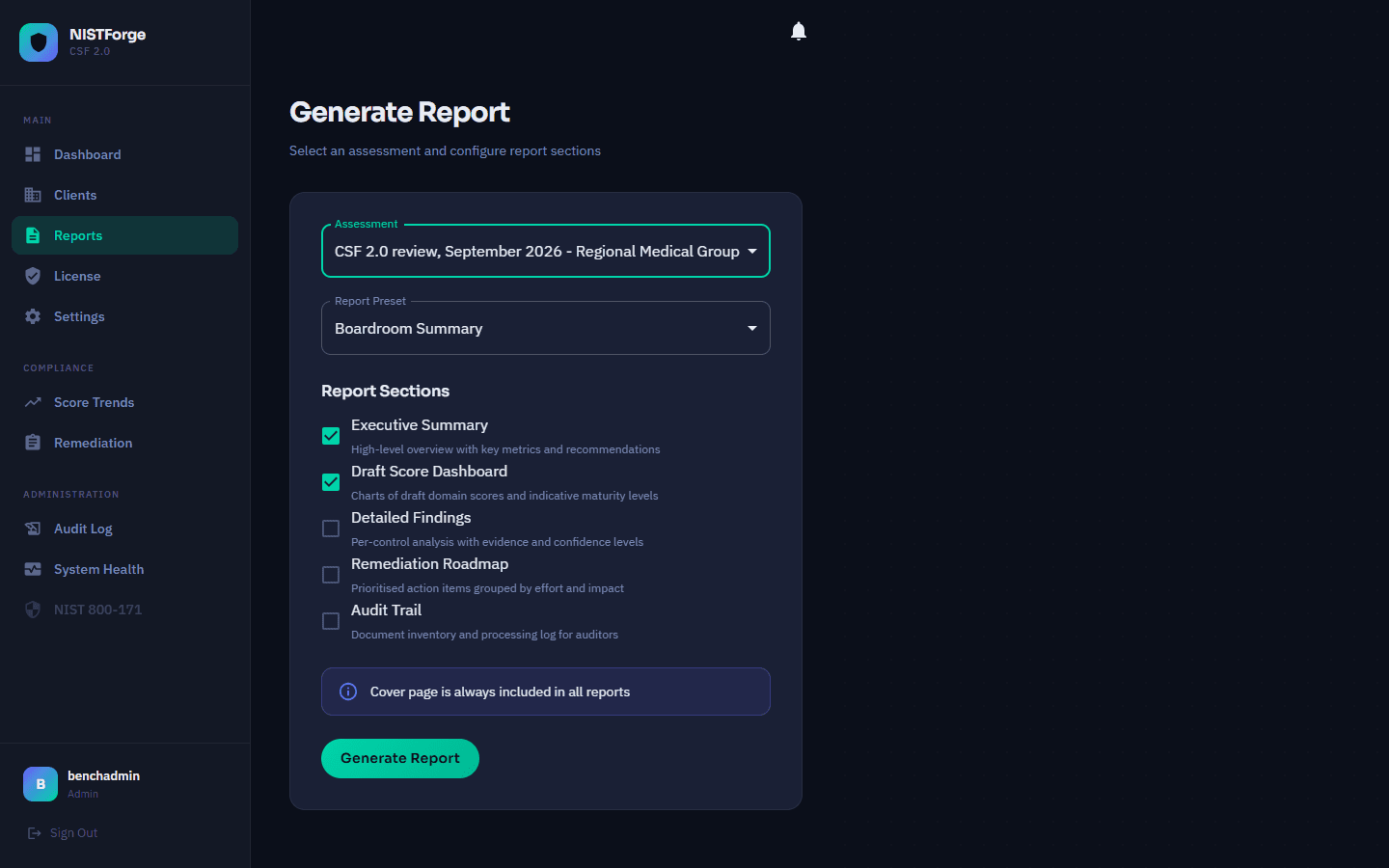 Generate Report screen with report sections as checkboxes and a note that the cover page is always included
